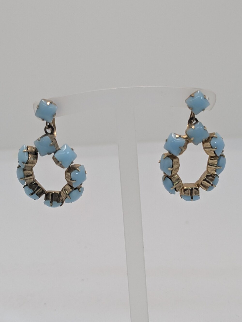 Vintage Blue Glass Screw back Drop Earrings